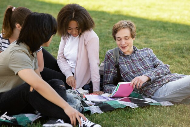 Alegre grupo de estudiantes multiétnicos que estudian al aire libre.