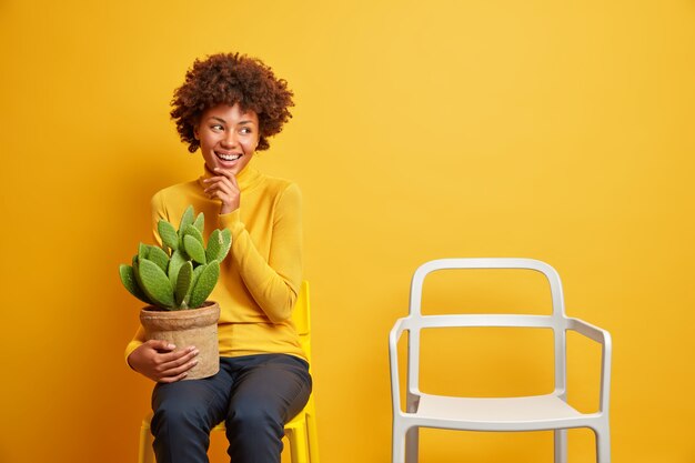 Alegre mujer de pelo rizado sonríe ampliamente mantiene la mano en la barbilla sostiene una olla de cactus verde tiene un estado de ánimo feliz escucha algo muy positivo vestido casualmente posa cerca de una silla vacía