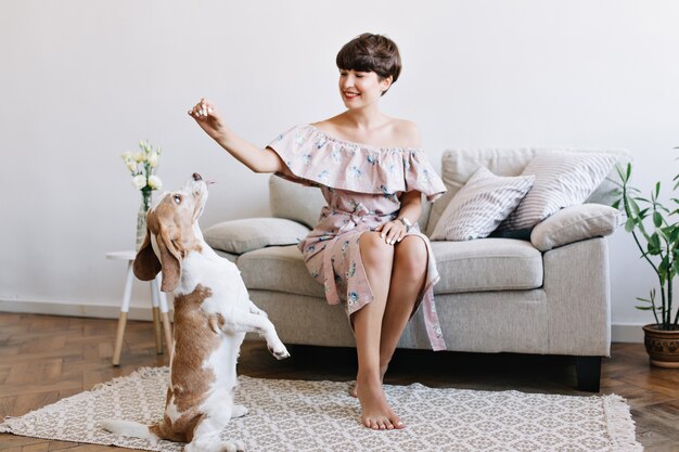 Alegre niña descalza en elegante vestido relajándose en el sofá y jugando con el gracioso cachorro beagle, que se sienta en la alfombra al lado