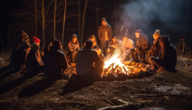 Un alegre picnic familiar en torno a la quema de carbón generado por IA