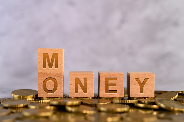 Alfabeto de palabra dinero letras de cubo de madera colocadas en una moneda de oro