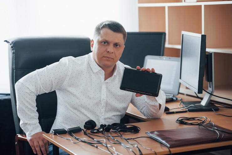 Foto gratuito algunos dispositivos serios. el examinador de polígrafo trabaja en la oficina con el equipo de su detector de mentiras