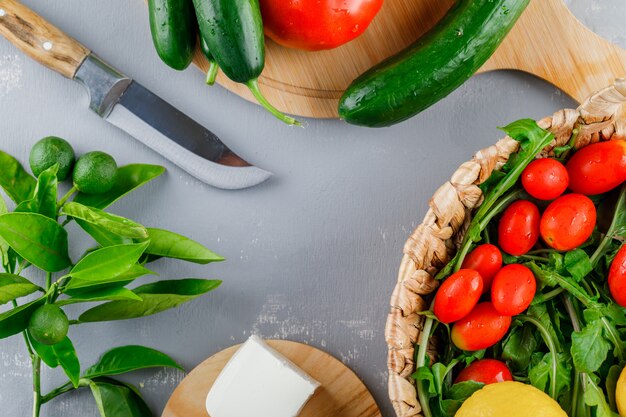 Algunos tomates con cuchillo, limón, pepino, queso, verduras en una tabla de cortar en superficie gris, vista superior