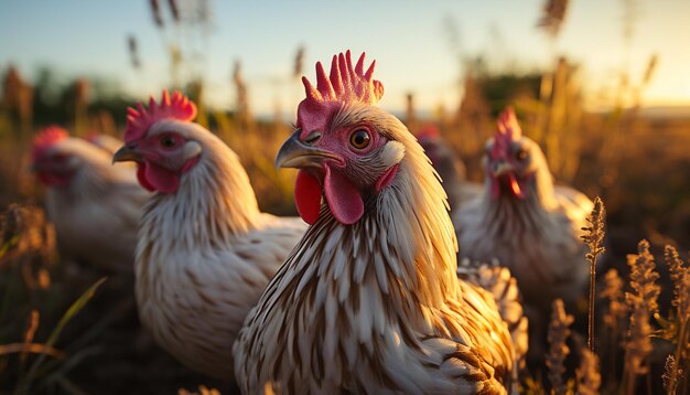 Alimentación saludable, carne de pollo orgánica, pastos verdes de corral generados por inteligencia artificial