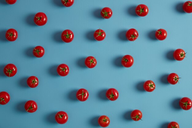 Alimentación saludable, verduras orgánicas para vegetarianos, concepto de agricultura. Tomates rojos maduros frescos con tallos verdes sobre fondo azul. Cultivos recolectados para hacer salsas de jugo o ensaladas. Nutrición, comida