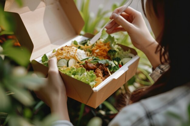 Alimentos pre-preparados que muestran comidas deliciosas listas para comer en el camino