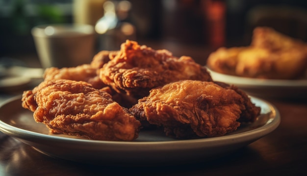 Alitas de pollo fritas en un plato rústico deliciosamente malsano generado por IA