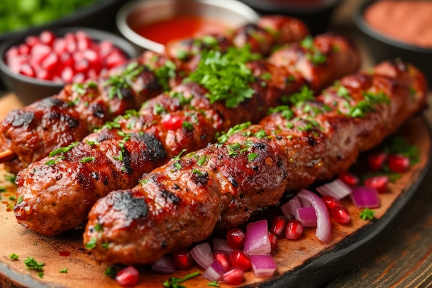 Almuerzo con un antiguo café kebab con semillas de granada maduras y aros de cebolla roja y bocadillos en la mesa