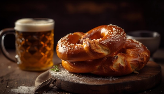 Foto gratuita almuerzo de pub bávaro, pretzel, cerdo y cerveza generados por ia