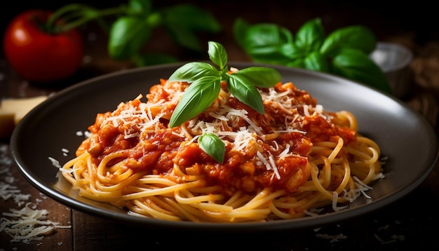 Almuerzo saludable pasta vegetariana con tomate fresco generado por IA