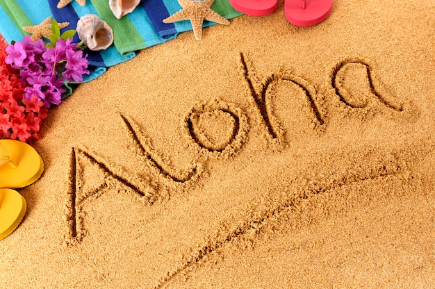 Aloha escrito en la arena