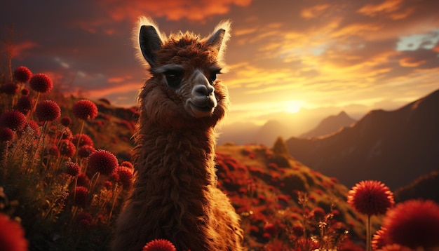 Alpaca pastando en una granja disfrutando del hermoso paisaje del atardecer generado por la inteligencia artificial