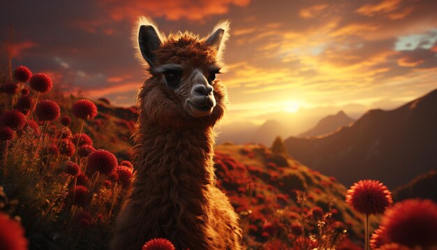 Alpaca pastando en una granja disfrutando del hermoso paisaje del atardecer generado por la inteligencia artificial