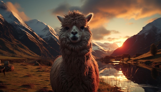 Foto gratuita alpaca pastando en praderas de montaña pelaje lanudo bajo el cielo del atardecer generado por inteligencia artificial