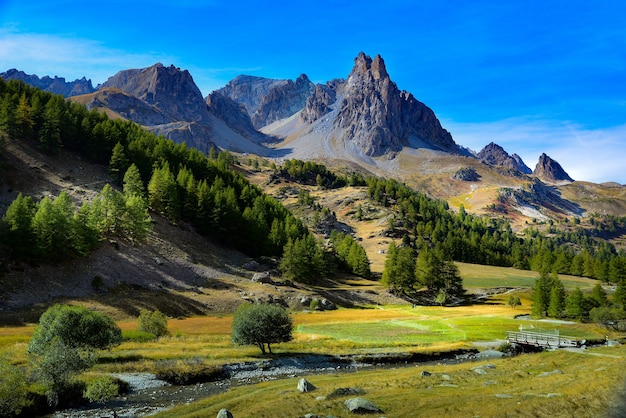 Altas montañas y colinas cubiertas de bosques