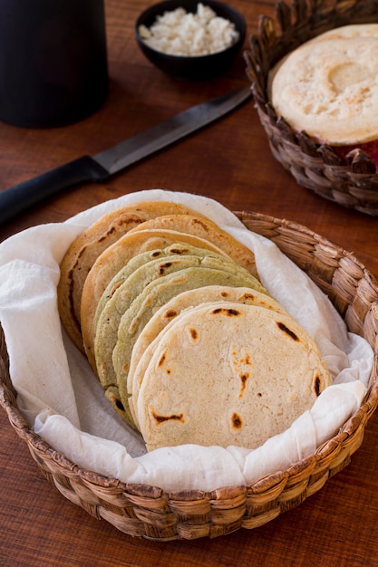 Alto ángulo de arepas en canasta con paño y cuchillo