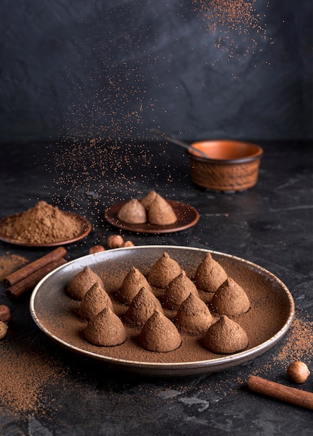 Alto ángulo de bombones de chocolate con cacao en polvo y palitos de canela