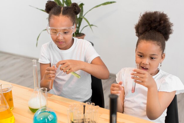 Alto ángulo de chicas experimentando con química