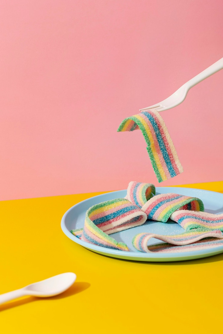 Foto gratuito alto ángulo de cinta de caramelo con cubiertos de plástico