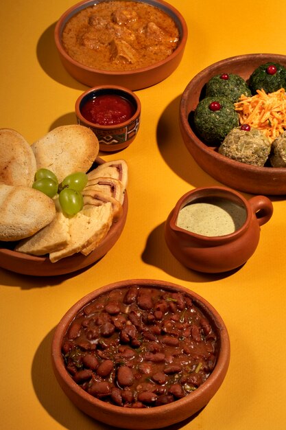 Alto ángulo comida deliciosa en la mesa naturaleza muerta