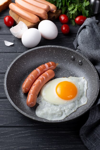 Alto ángulo de desayuno de huevo y salchichas en sartén con tomates y hierbas