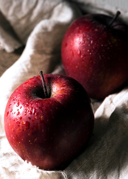 Alto ángulo de dos manzanas de otoño sobre tela