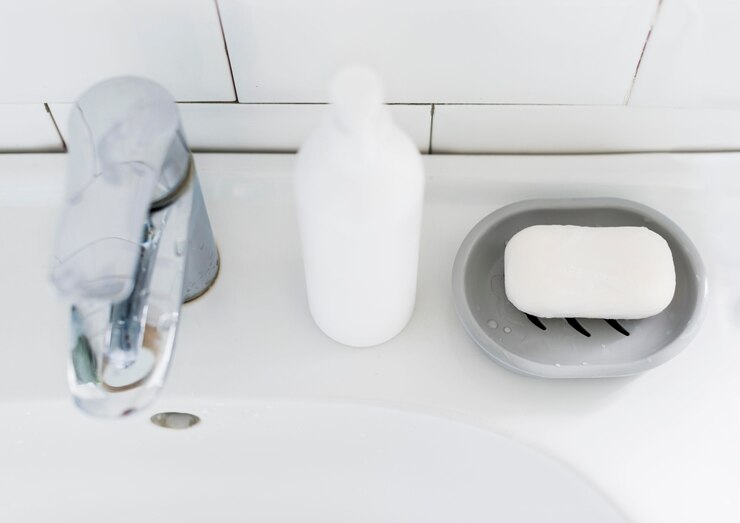 Foto gratuito alto ángulo del lavabo del baño con jabón