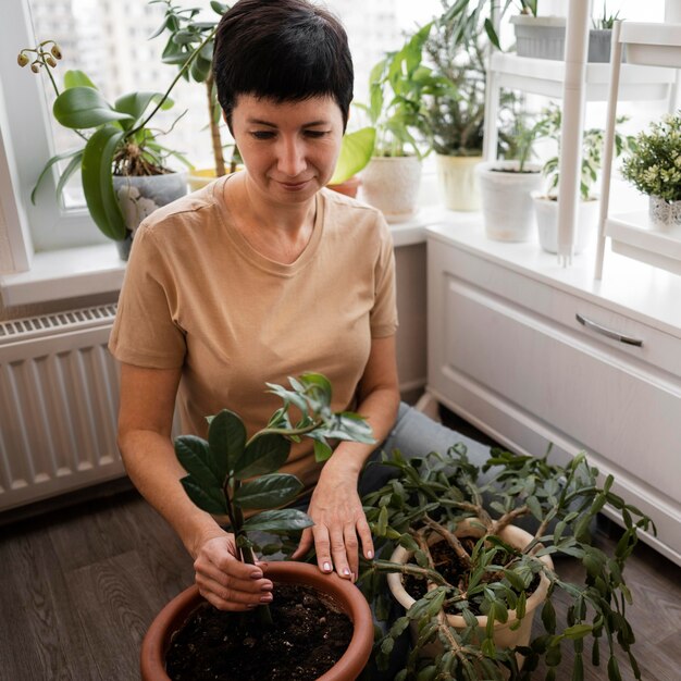 Alto ángulo de mujer cuidando una planta de interior