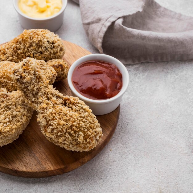 Alto ángulo de muslos de pollo frito con dos salsas diferentes