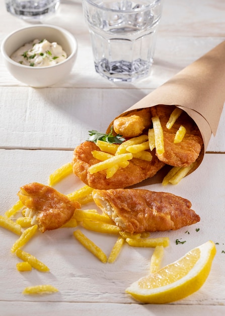 Alto ángulo de pescado y patatas fritas en cono de papel con rodaja de limón