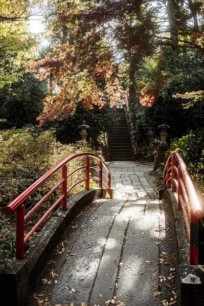 Alto ángulo del puente en el complejo de templos japoneses