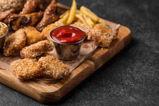 Alto ángulo de salsa con papas fritas y pollo frito