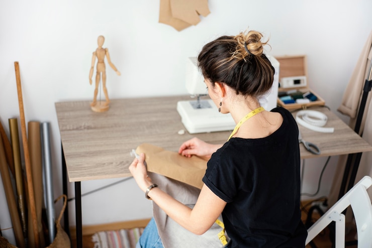 Foto gratuito alto ángulo de sastre femenino trabajando en el estudio