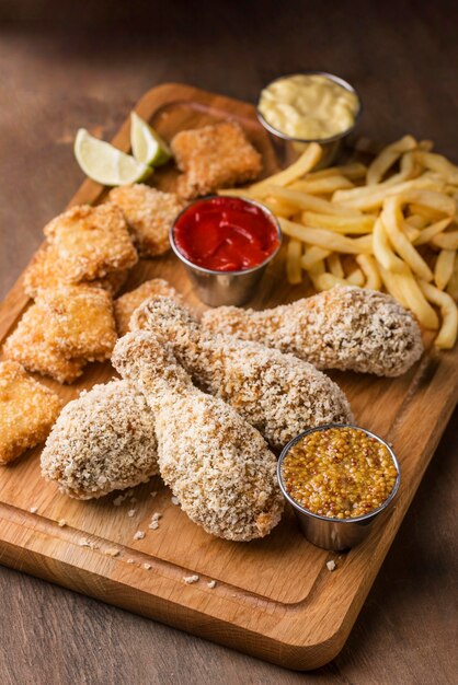 Alto ángulo de tabla de cortar con pollo frito y papas fritas