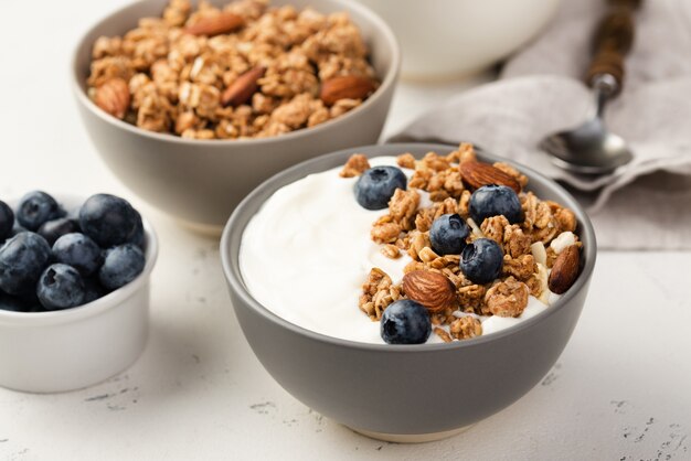 Alto ángulo de tazones de cereales para el desayuno con arándanos y yogur