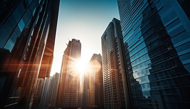 Alto rascacielos de acero refleja las brillantes luces de la ciudad generadas por IA