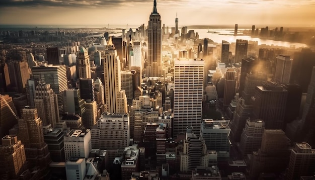 Altos rascacielos iluminan el horizonte de la ciudad moderna generado por IA