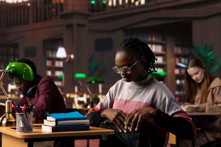 Foto gratuito alumno afroamericano revisando la colección de investigación educativa en la biblioteca