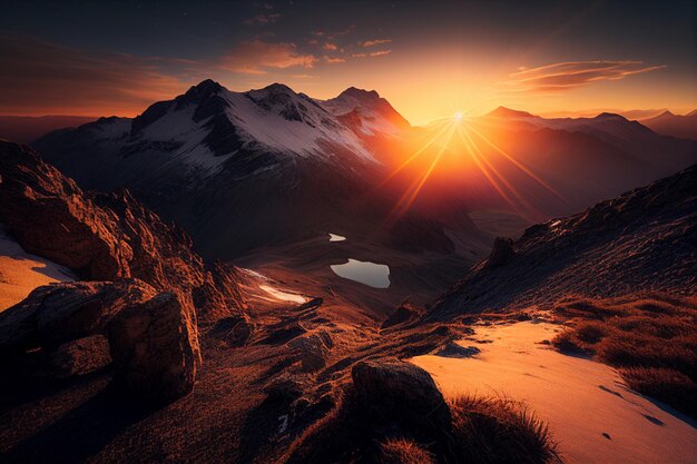 Amanecer escénico en las altas montañas de los alpes IA generativa