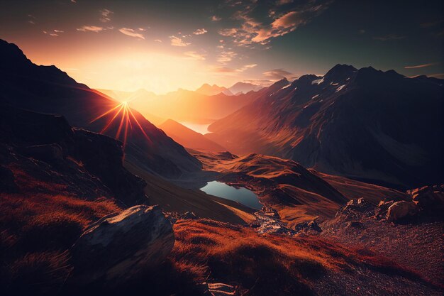 Amanecer escénico en las altas montañas de los alpes IA generativa