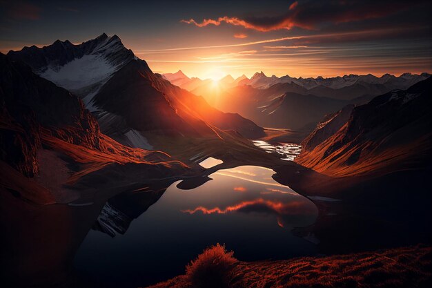 Amanecer escénico en las altas montañas de los alpes IA generativa