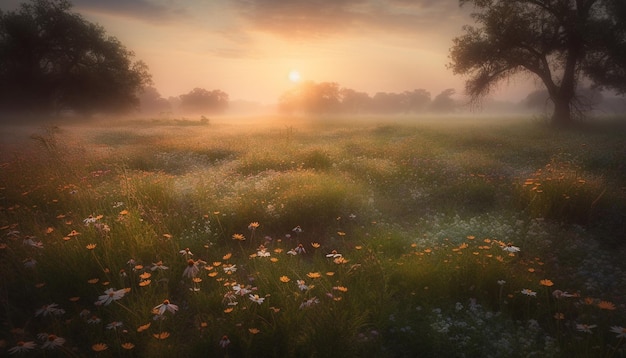 Amanecer sobre flores silvestres de pradera florecen al amanecer generado por IA