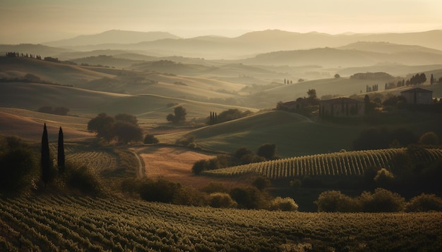 Amanecer tranquilo en una cabaña rústica de viñedos italianos generado por IA