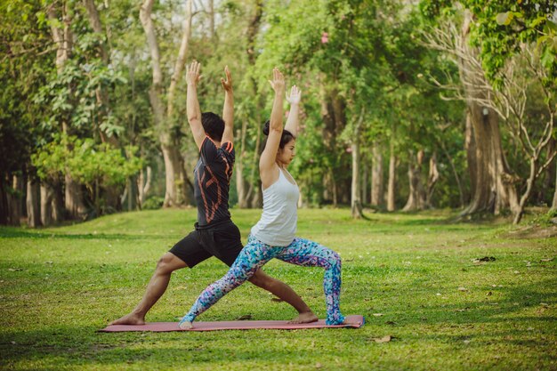 Amantes del yoga estirando en el parque