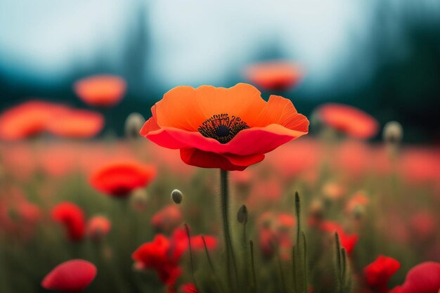 Una amapola roja en un campo de flores rojas