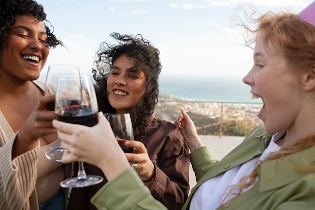 Amigas brindando con copas de vino durante la fiesta al aire libre