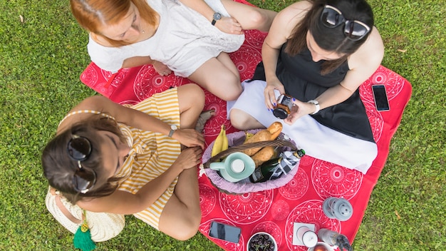 Amigas buscando comida en la canasta de picnic en la hierba verde