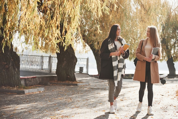 Las amigas dan un paseo por el hermoso parque de otoño