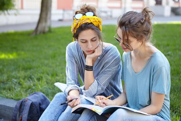 Amigas estudiando juntos en el parque