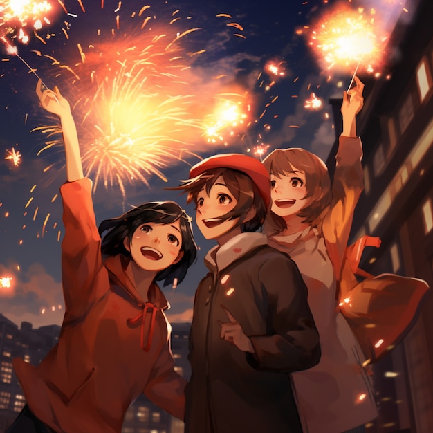 Amigos de anime celebrando la víspera de Año Nuevo